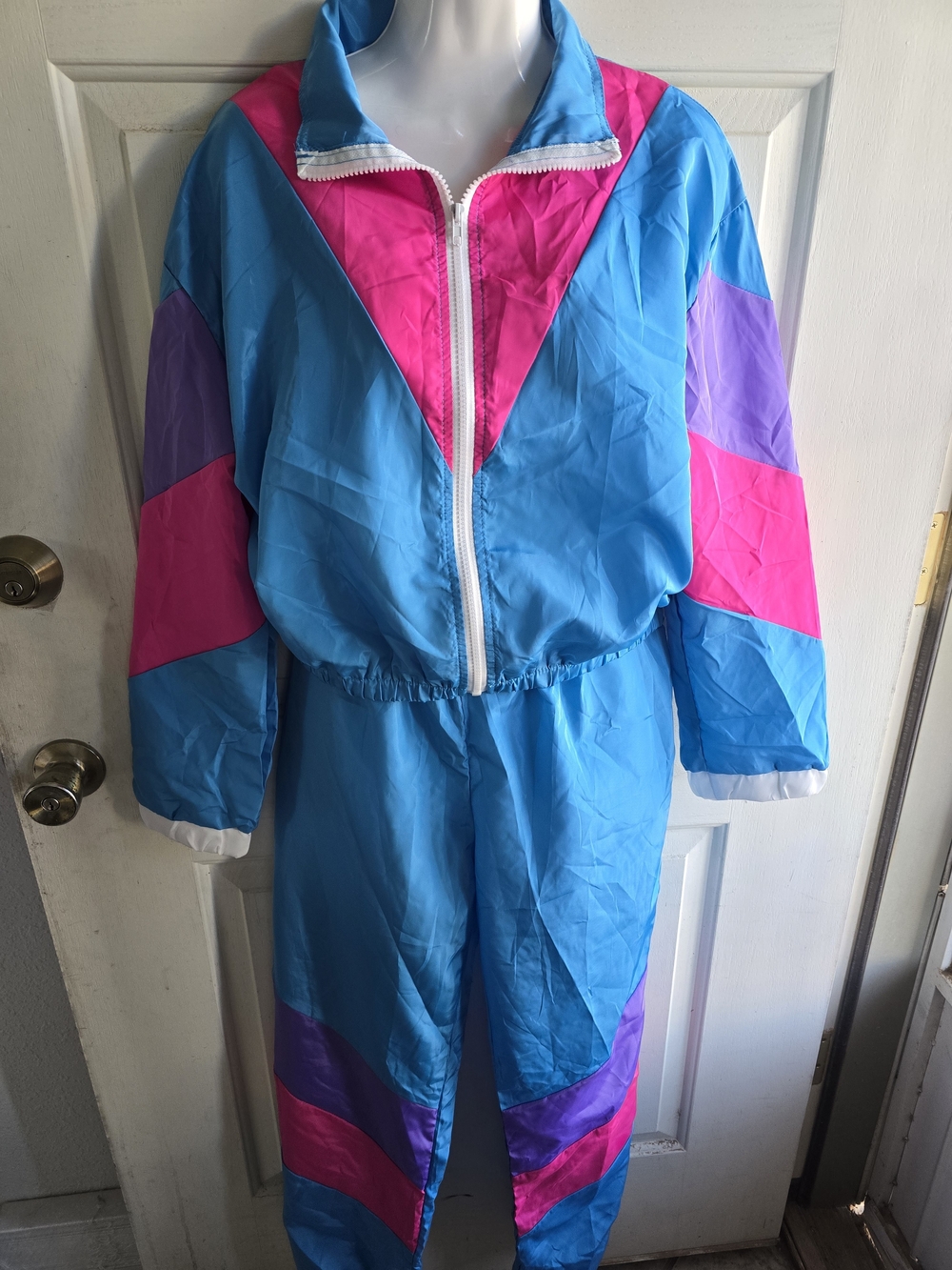 80's Inspired Women’s Colorblock 2 Piece Jumpsuit in Blue & Pink